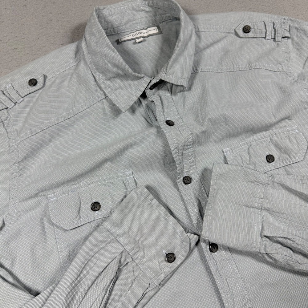 PD&C Mens Button Down Shirt Grey Striped Long Sleeve Utility Epaulettes Large